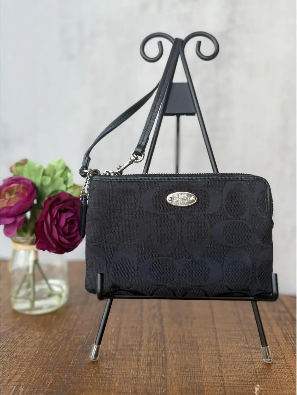 Coach Black Signature Jacquard Corner Zip Wristlet Wallet Silver Hardware